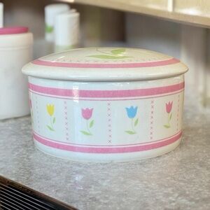 Vintage 1987 FTDA Pastel Tulip Ceramic Candle Holder Trinket Box With Lid